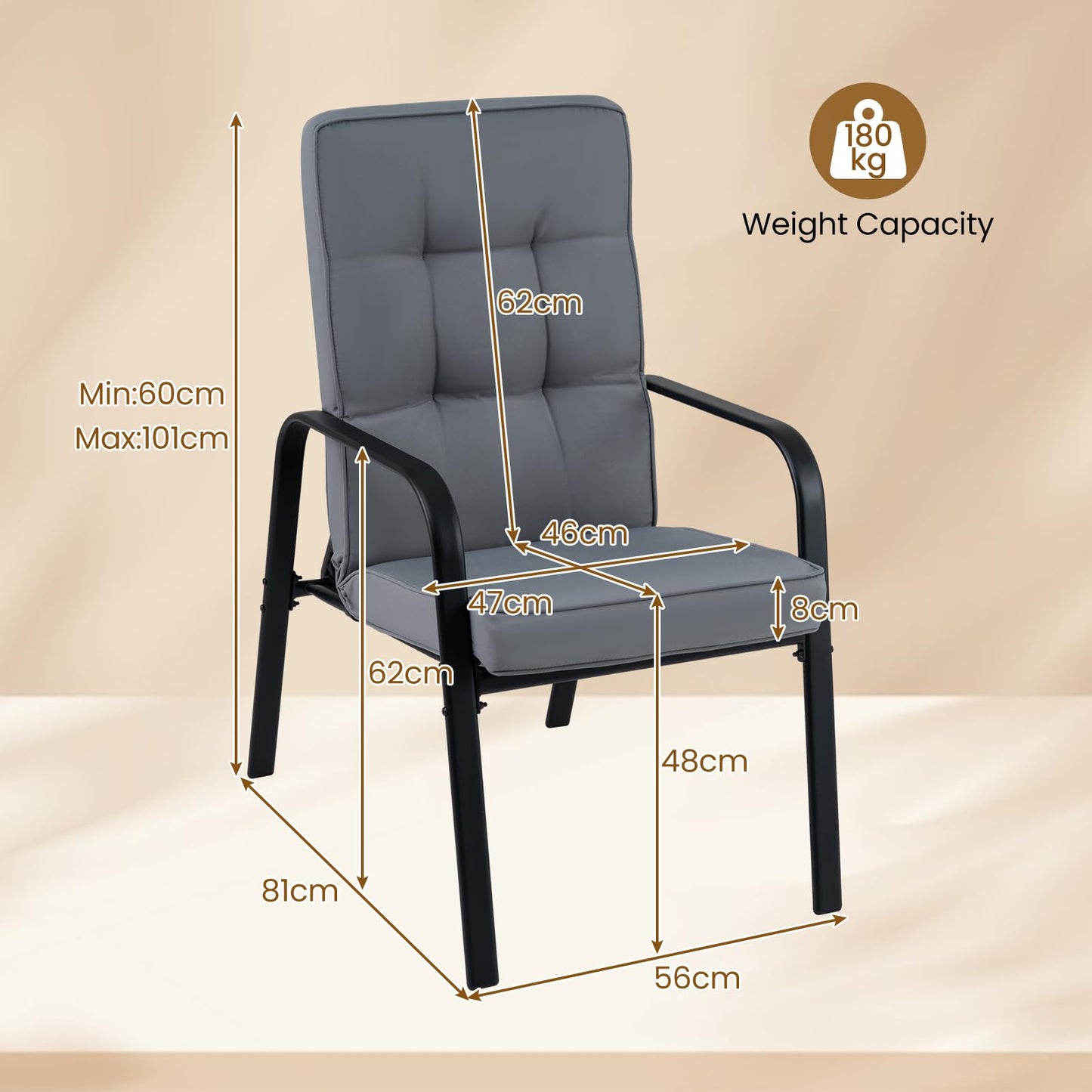 Garden Chairs Set of 2, Outdoor Dining Chairs with 5-Level Adjustable Backrests
