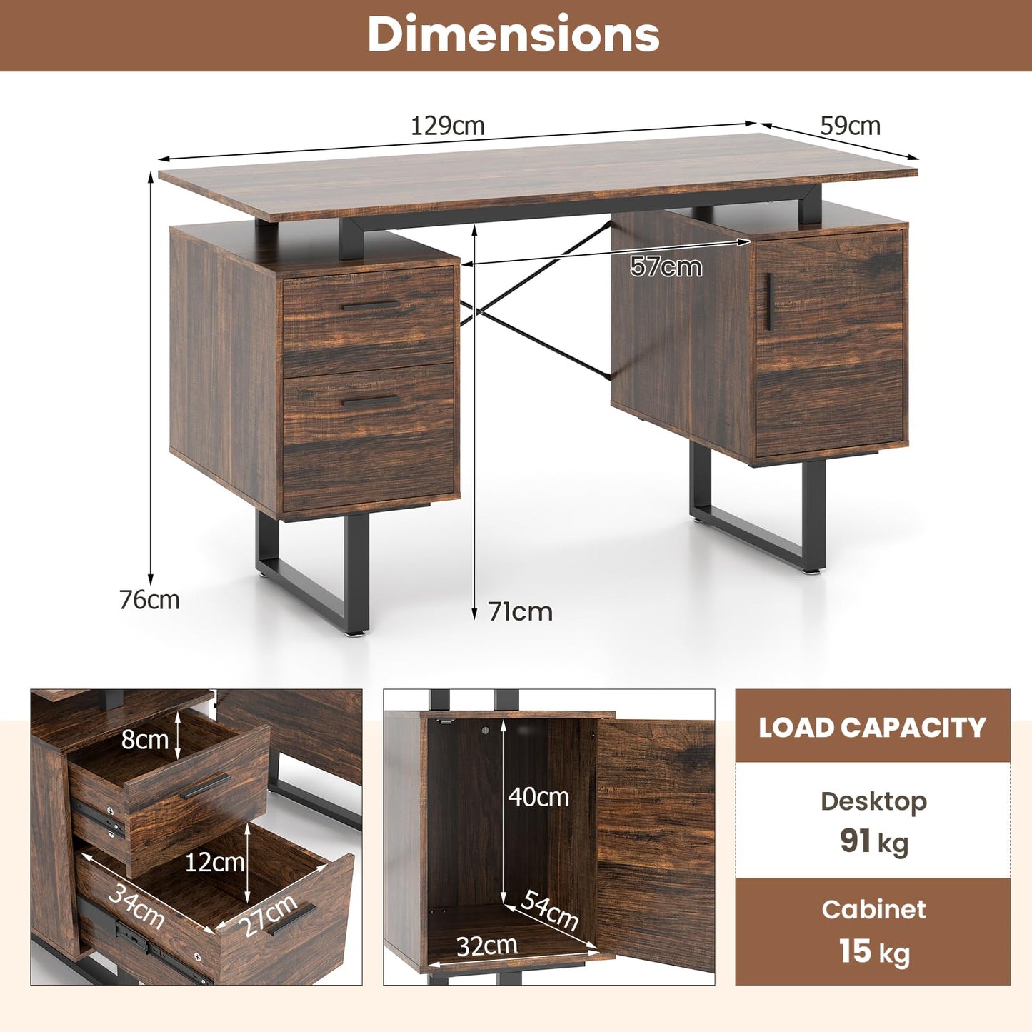 Computer Desk with Floating Desktop and Dual Drawers
