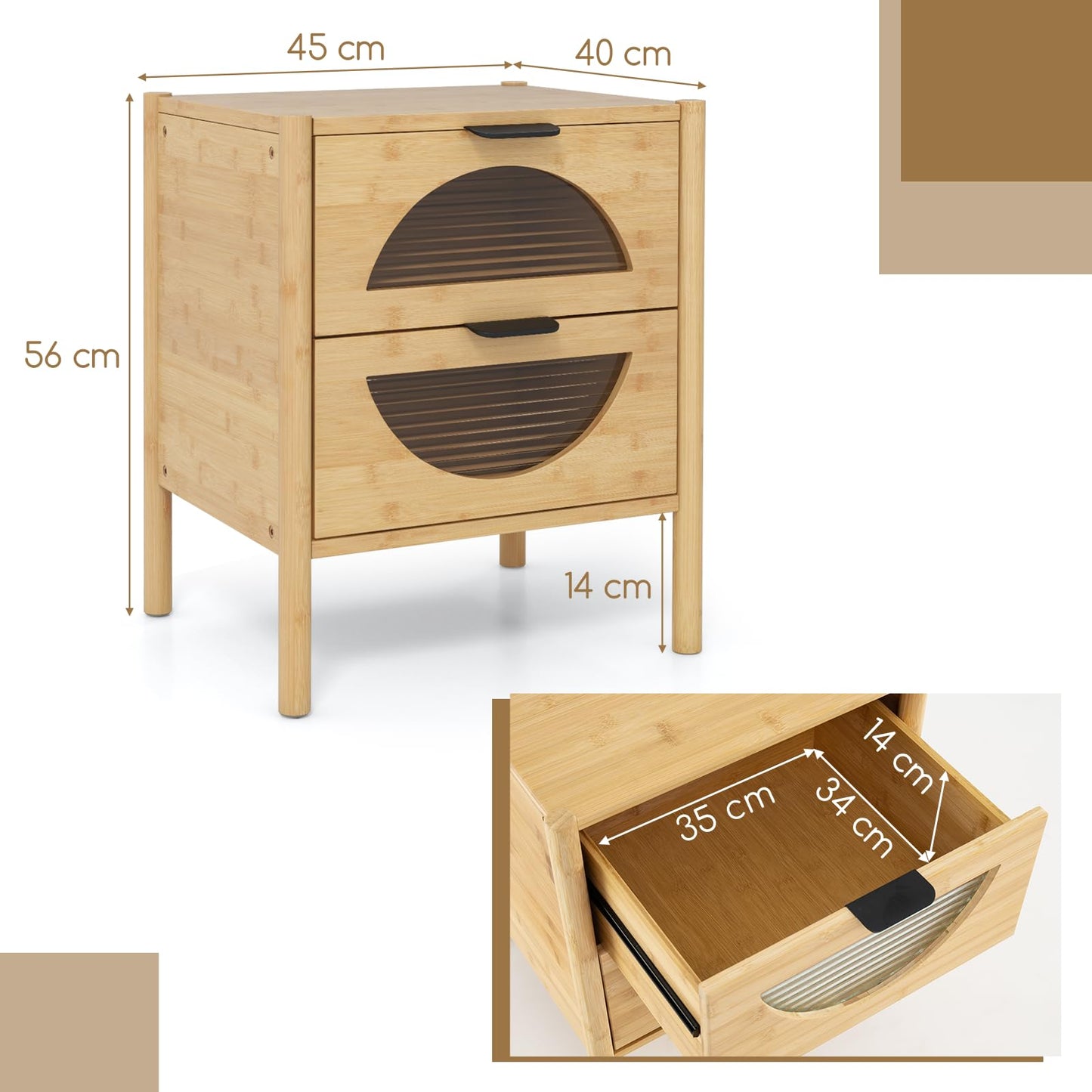 Bamboo Nightstand Mid-century Modern Bedside Table with 2 Storage Drawers