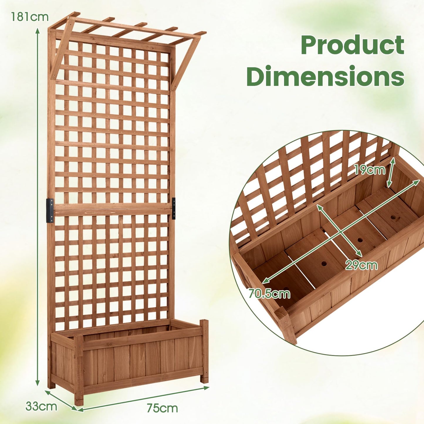 Raised Garden Bed with Trellis, Wooden Trough Planter, Outdoor Garden Weather-Resistant Plant Rack for Vines