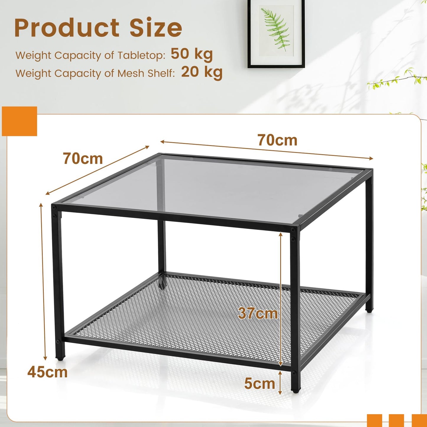 Giantex Square Coffee Table Tempered Glass Sofa Side Table with Adjustable Foot Pads ((with Mesh Shelf)