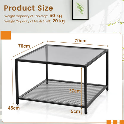 Giantex Square Coffee Table Tempered Glass Sofa Side Table with Adjustable Foot Pads ((with Mesh Shelf)