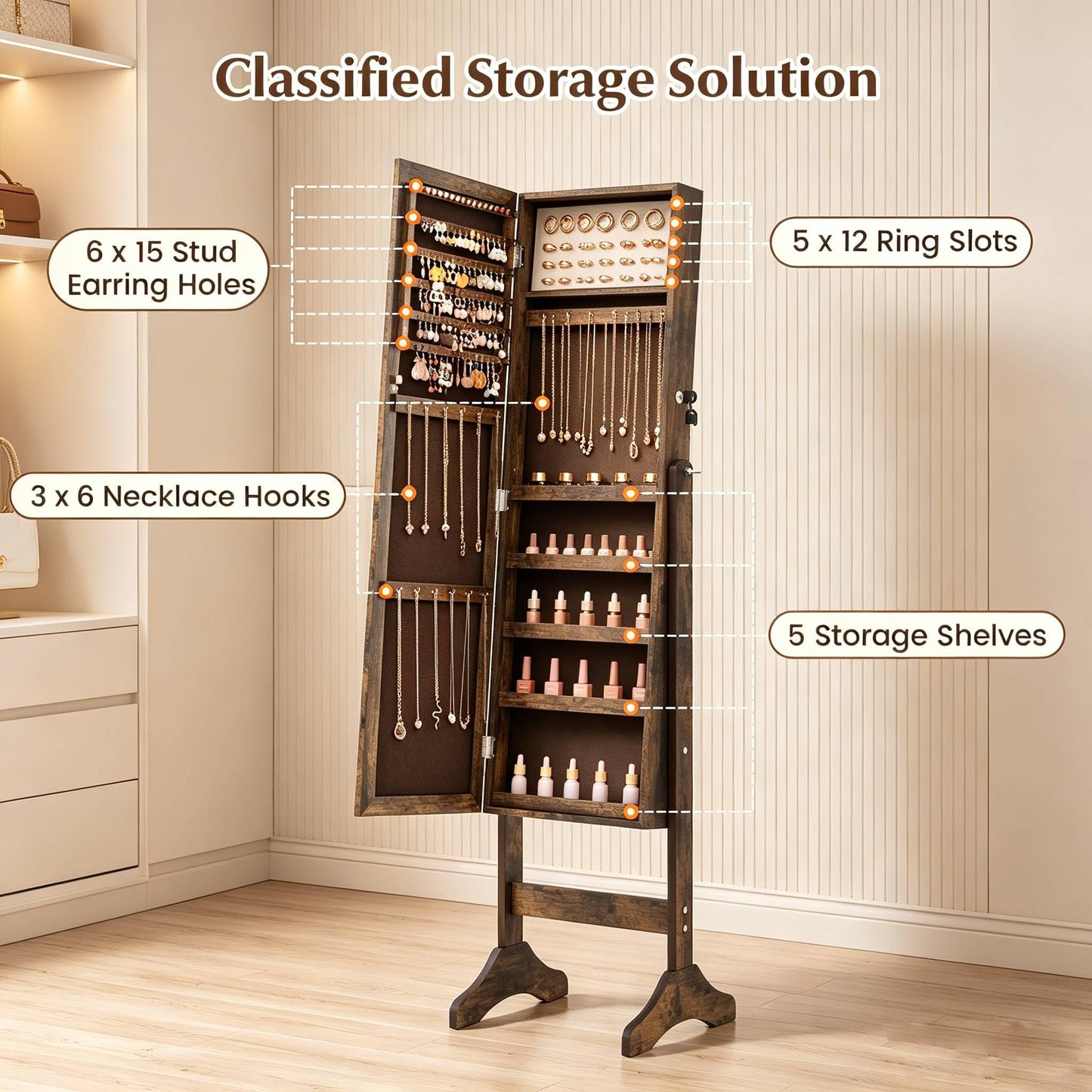 Freestanding Jewelry Armoire Cabinet with Full Length Mirror