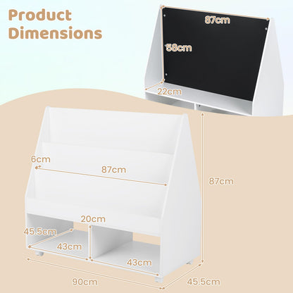 Double-Sided Kids Bookshelf Toddler Book Shelf on Wheels with Chalkboard
