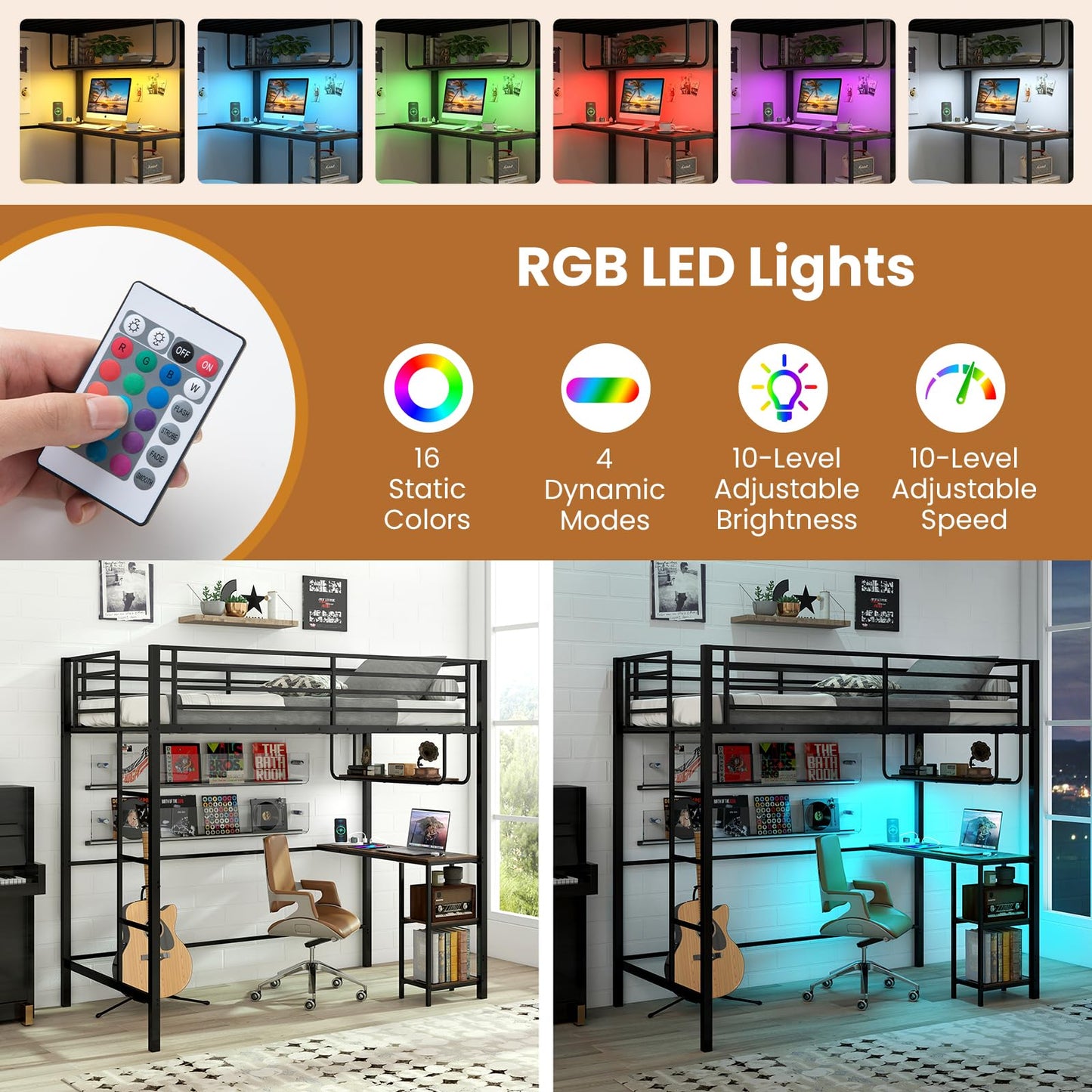 Metal Bunk Bed with Desk, RGB LED Lights, Charging Station