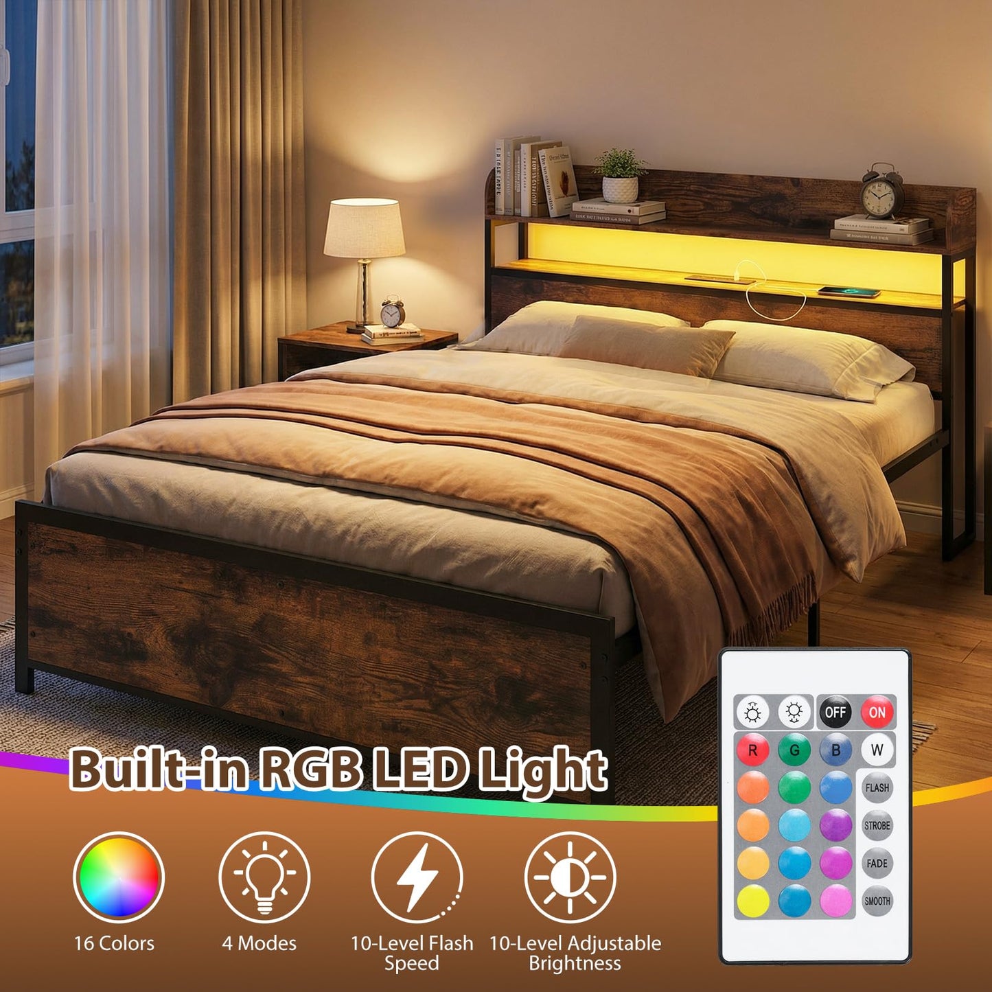 5FT King Size Bed Frame with RGB LED Lights, Charging Station