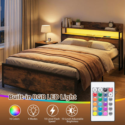 5FT King Size Bed Frame with RGB LED Lights, Charging Station