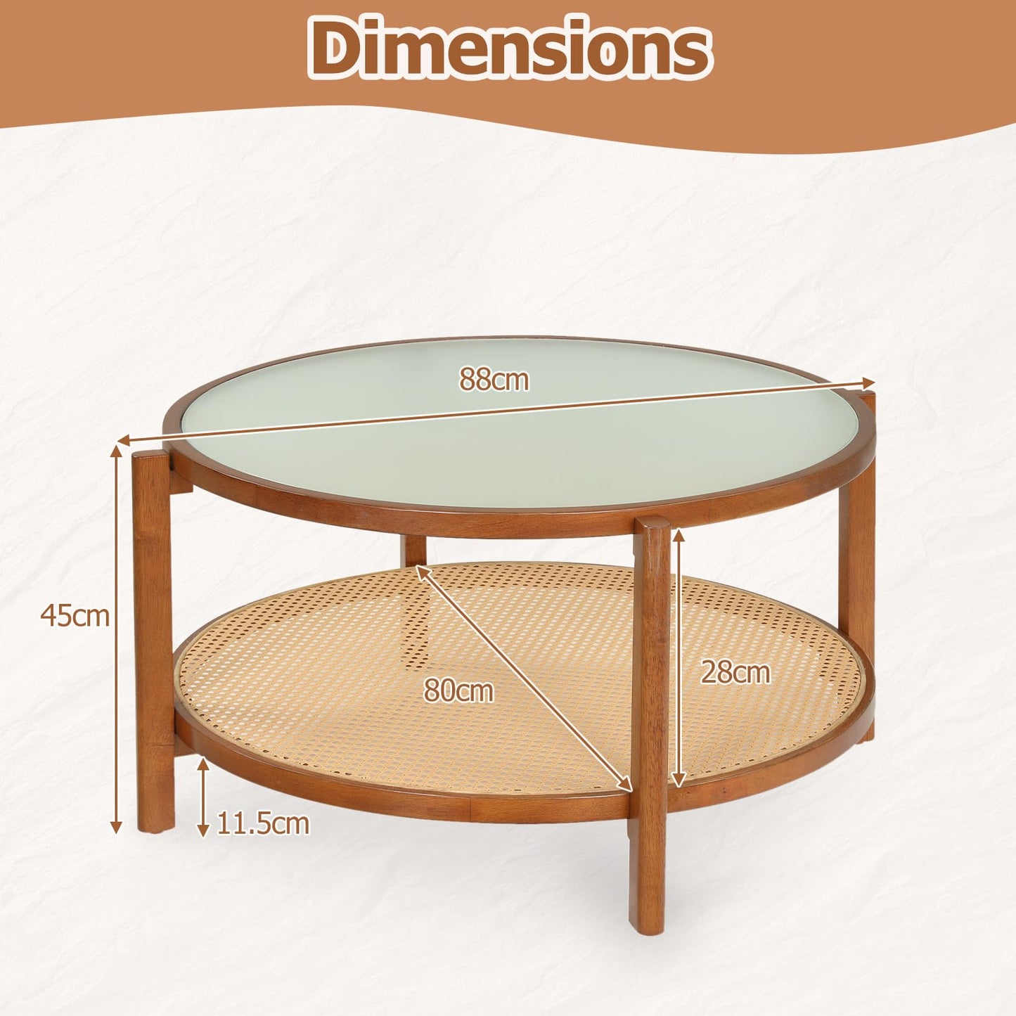 Rattan Coffee Table with Tempered Glass Top for Living Room