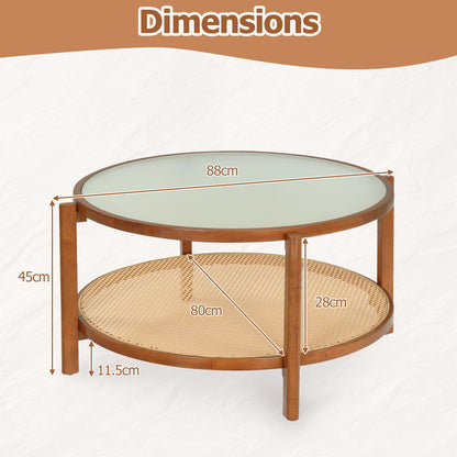 Rattan Coffee Table with Tempered Glass Top for Living Room
