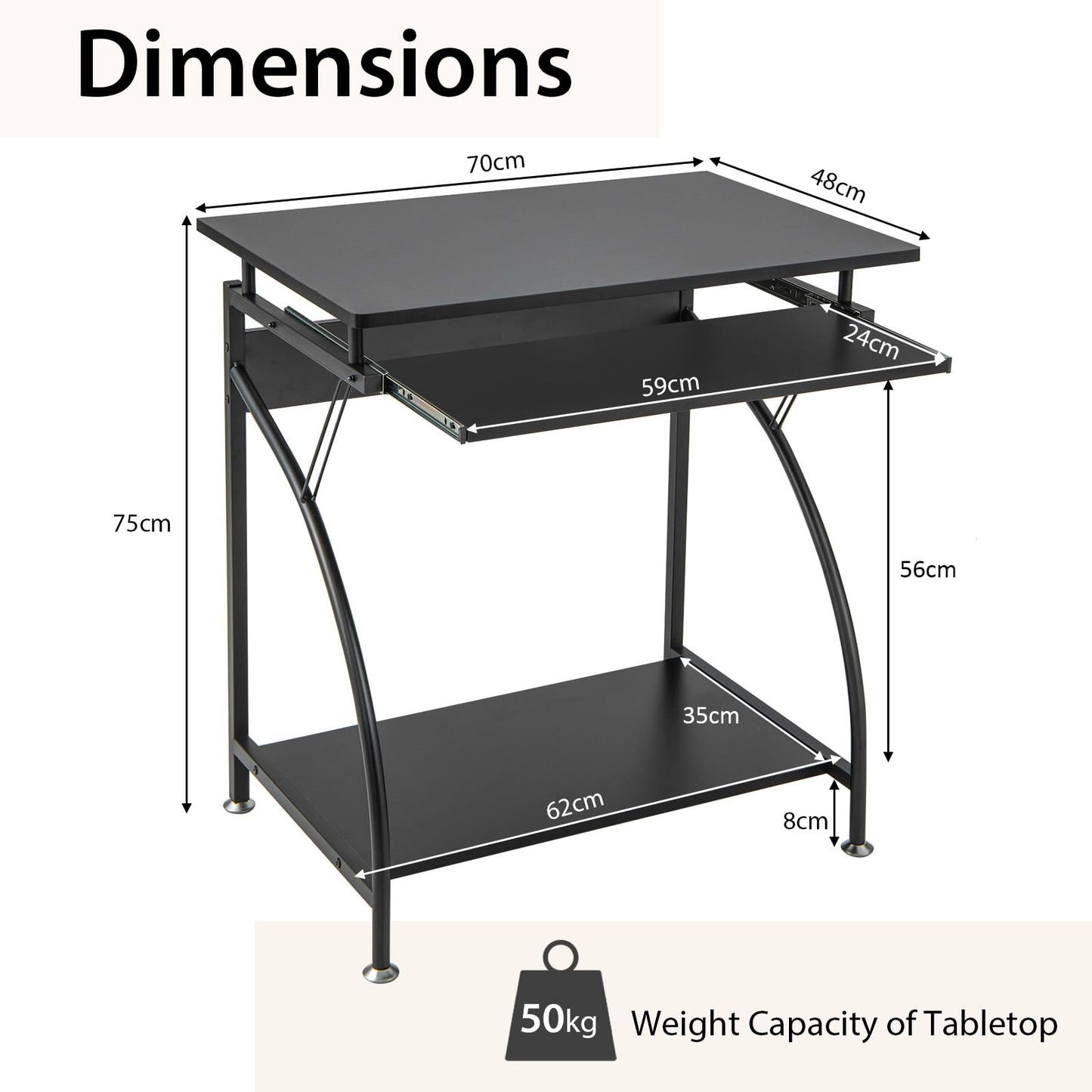 Computer Desk, 70cm PC Laptop Table with Pull-out Keyboard Tray