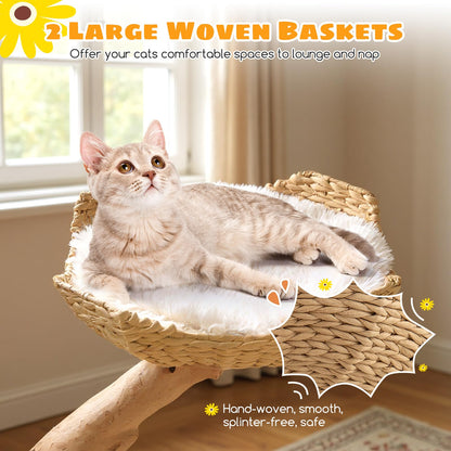 122 CM Tall Real Wood Branch Kitten Tower with Flower Perch and 2 Wicker Baskets