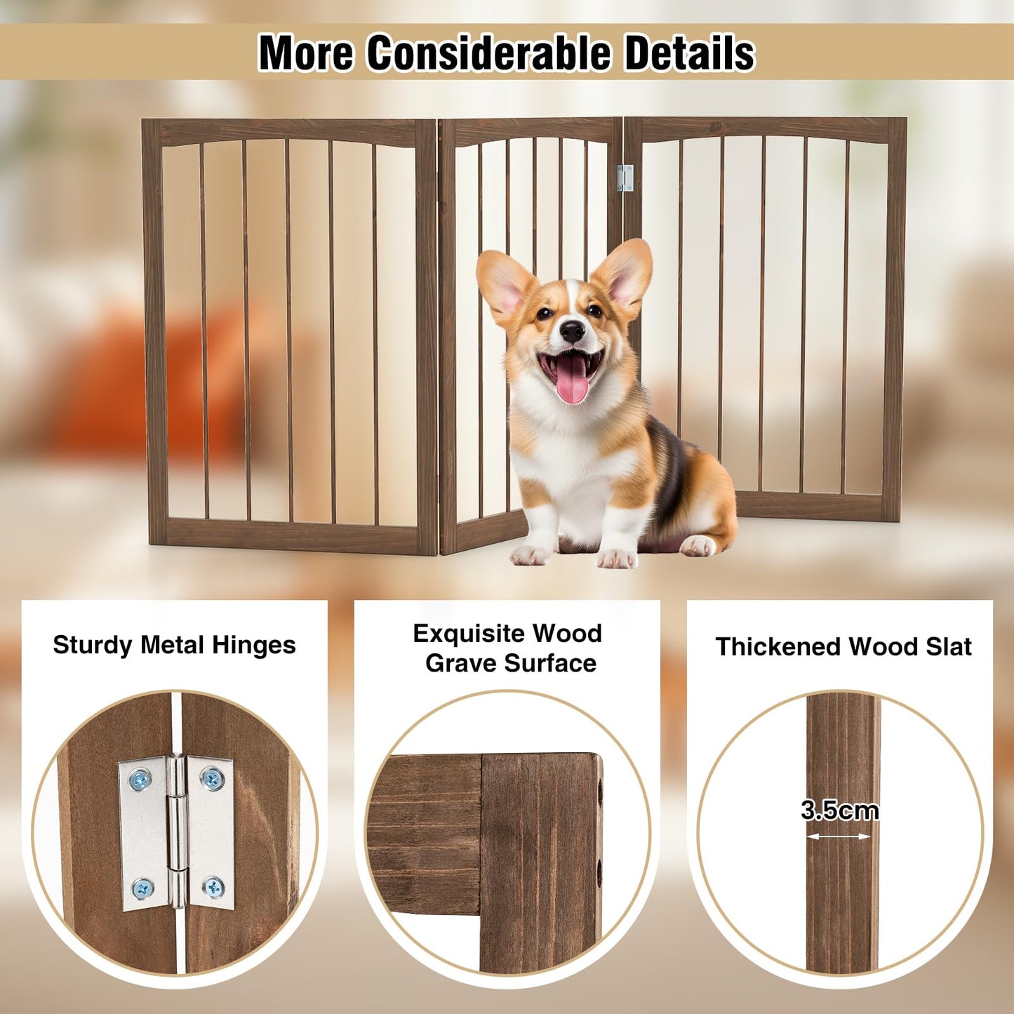 76 CM Tall Pet Gate Wooden Dog Fence 3-Panel Room Divider Barrier