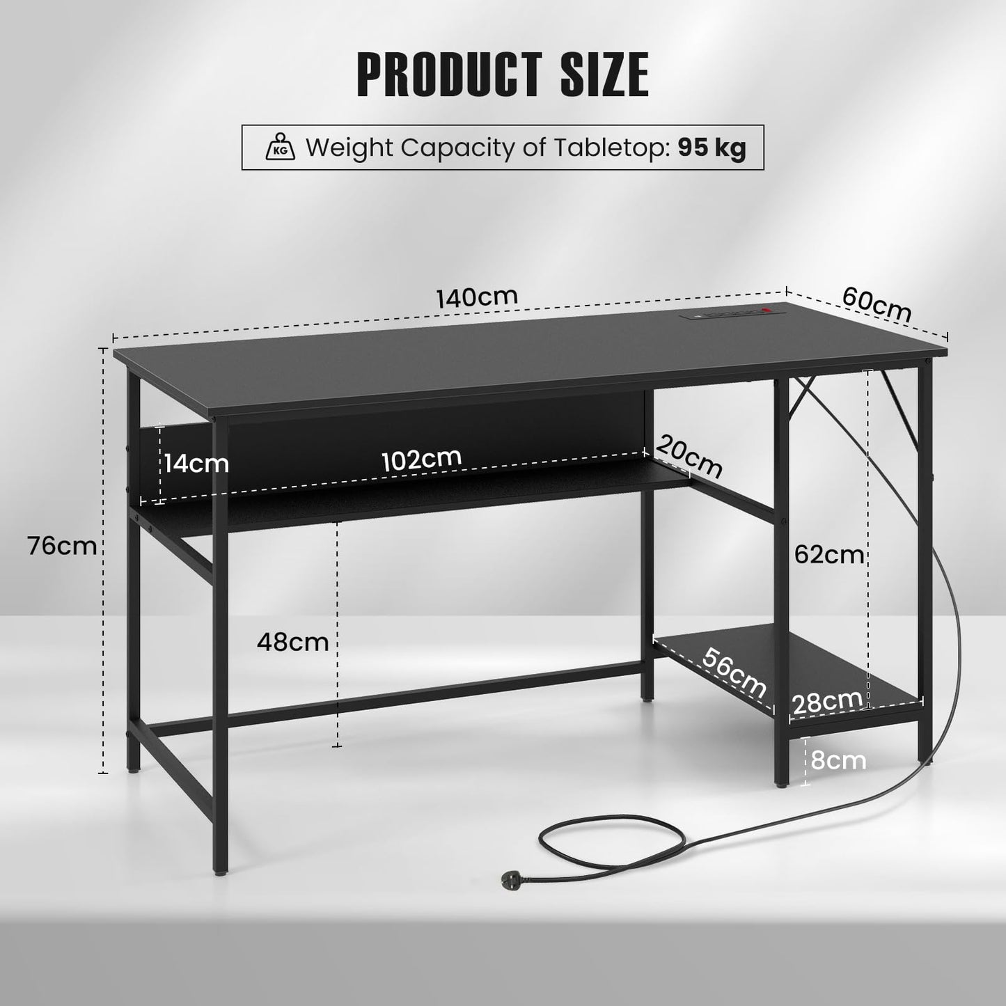 140 x 60 CM Computer Desk with Charging Station Home Office PC Desk with 4 Power Outlets and 2 USB Ports