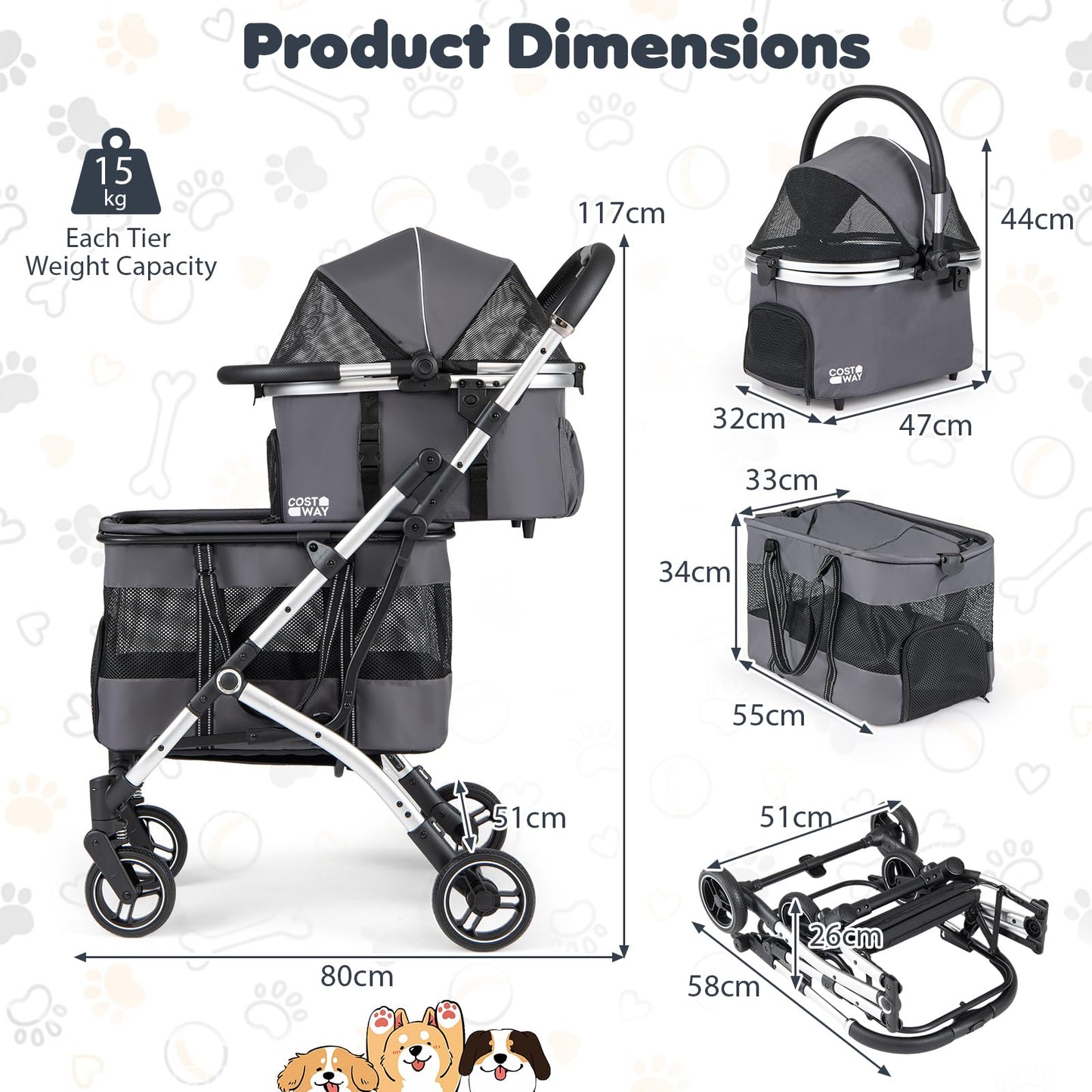 Double Pet Stroller with 2 Detachable Carriers 4-in-1 Foldable Dog Jogger Car Seat