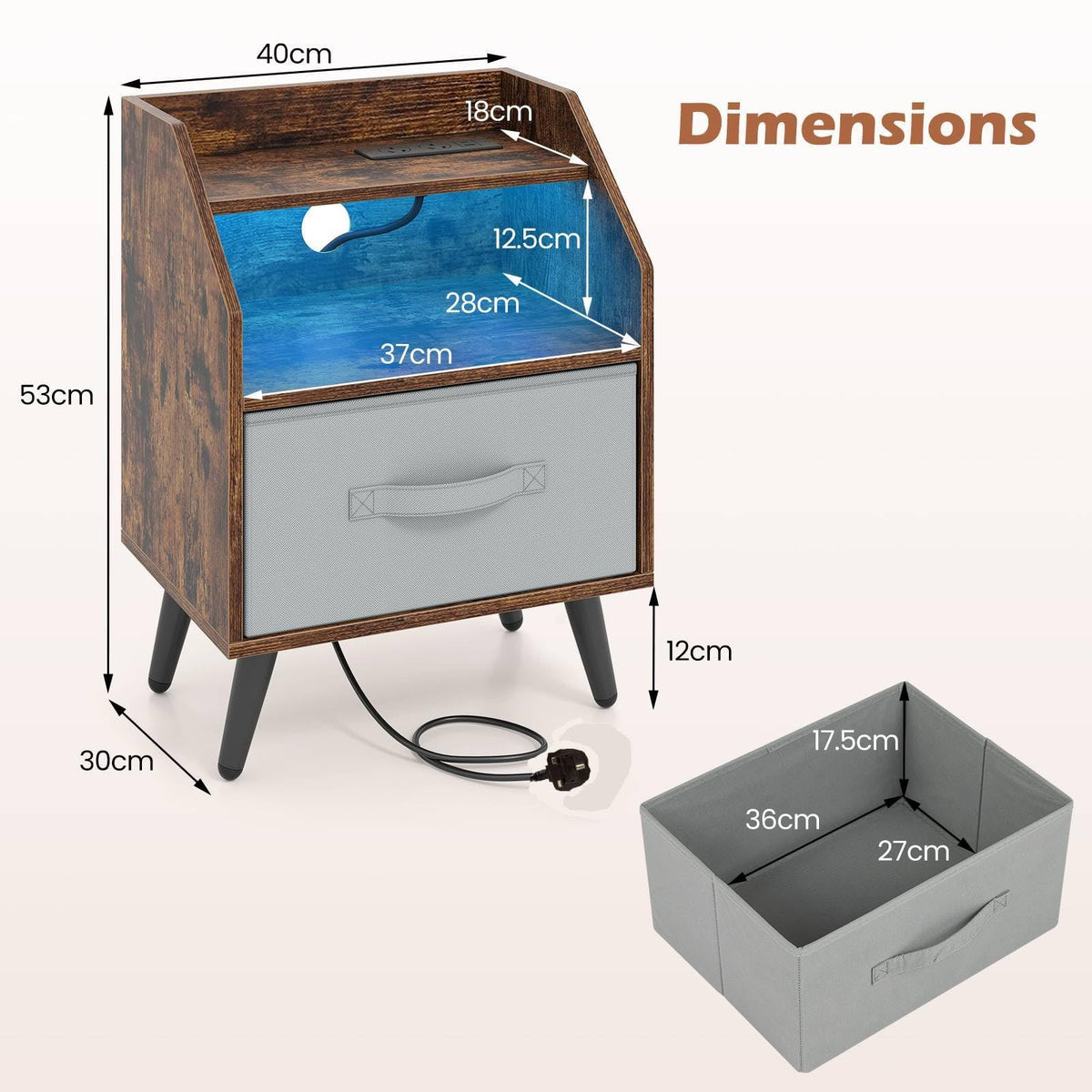Bedside Table with Charging Station and LED Lights