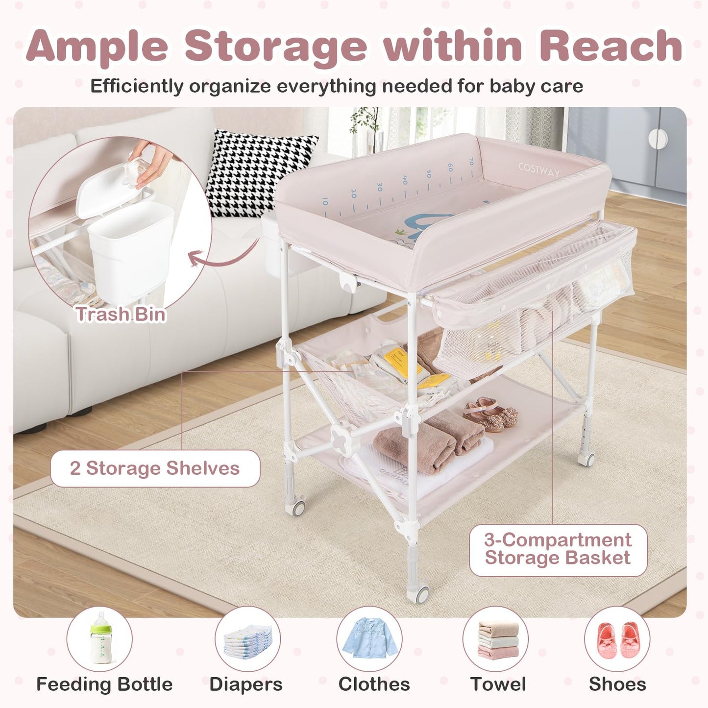olding Diaper Changing Station with Wheels & Storage Basket