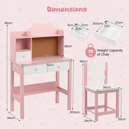 Kids Desk and Chair Set, Wooden Student Study Table with Drawers