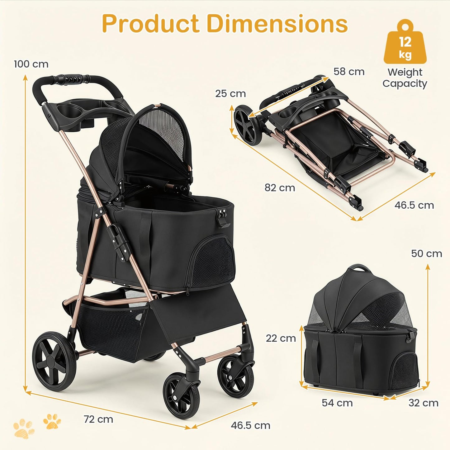 3-in-1 Pet Stroller, Foldable Dog Pushchair