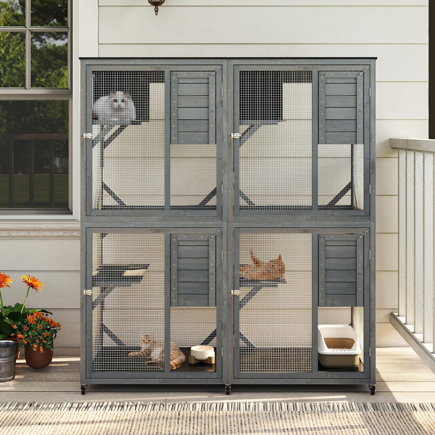 Spacious Fir Wood Outdoor Cat Enclosure with 2 Rest Nooks and 4 Activity Platforms