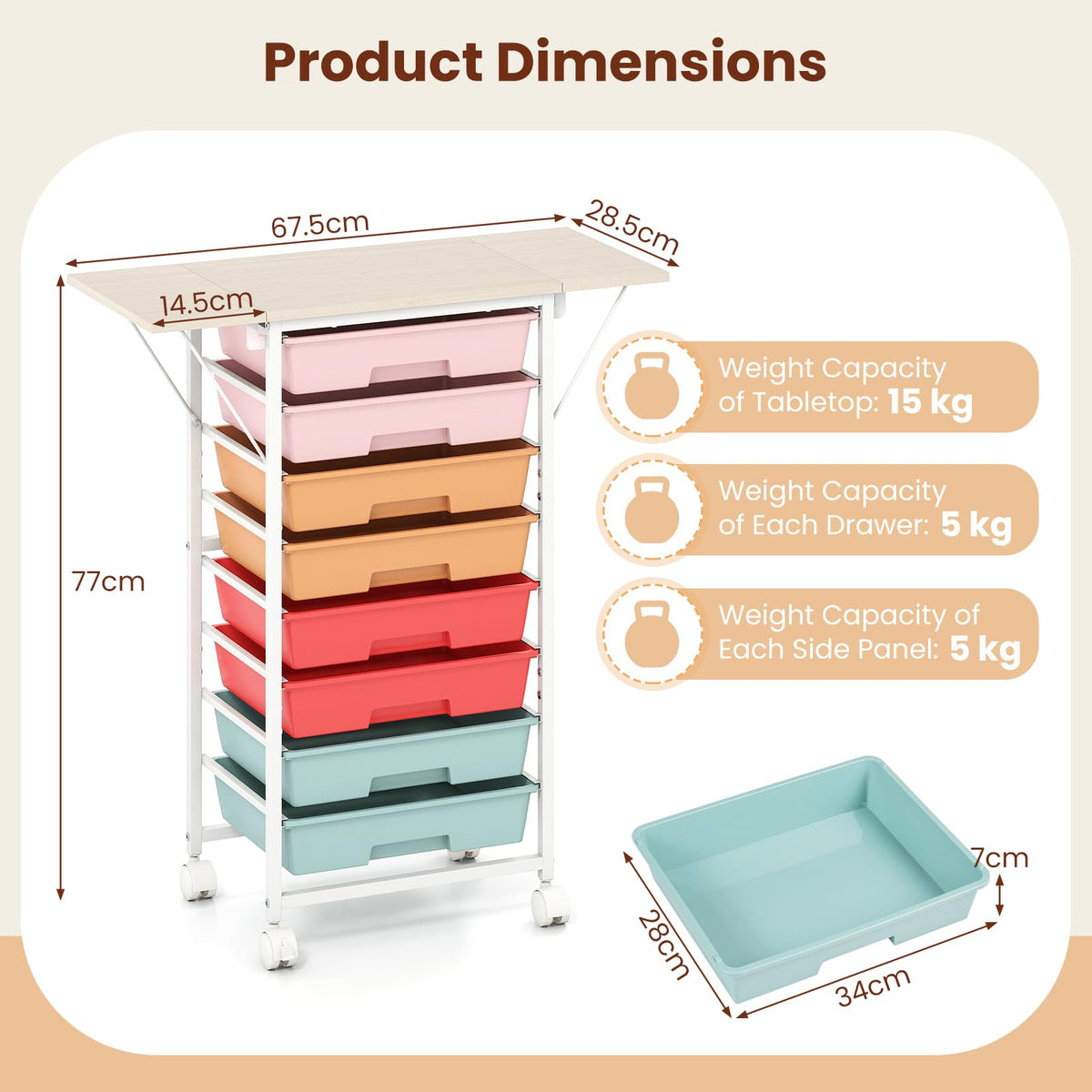 8 Drawers Storage Trolley with Wooden Top & Foldable Side Panels