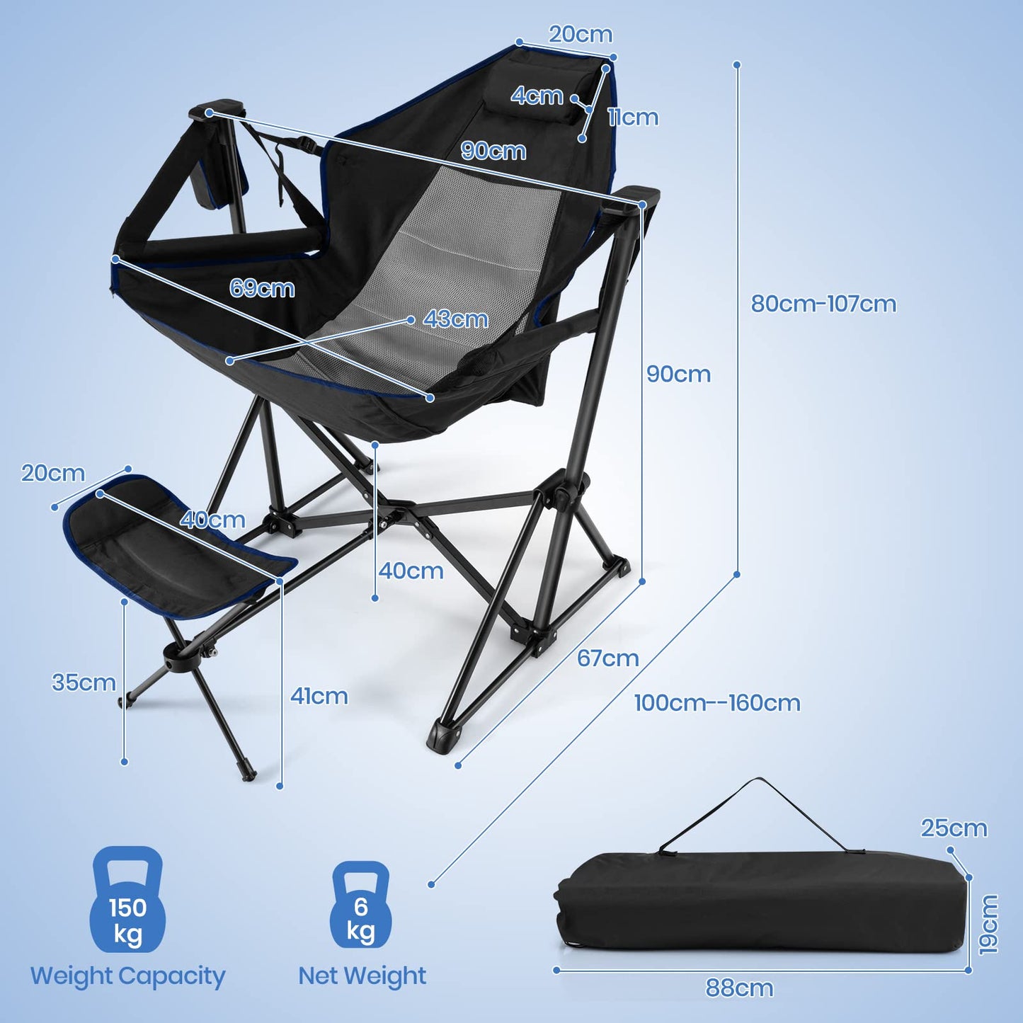 Folding Hammock Camping Chair with Retractable Footrest