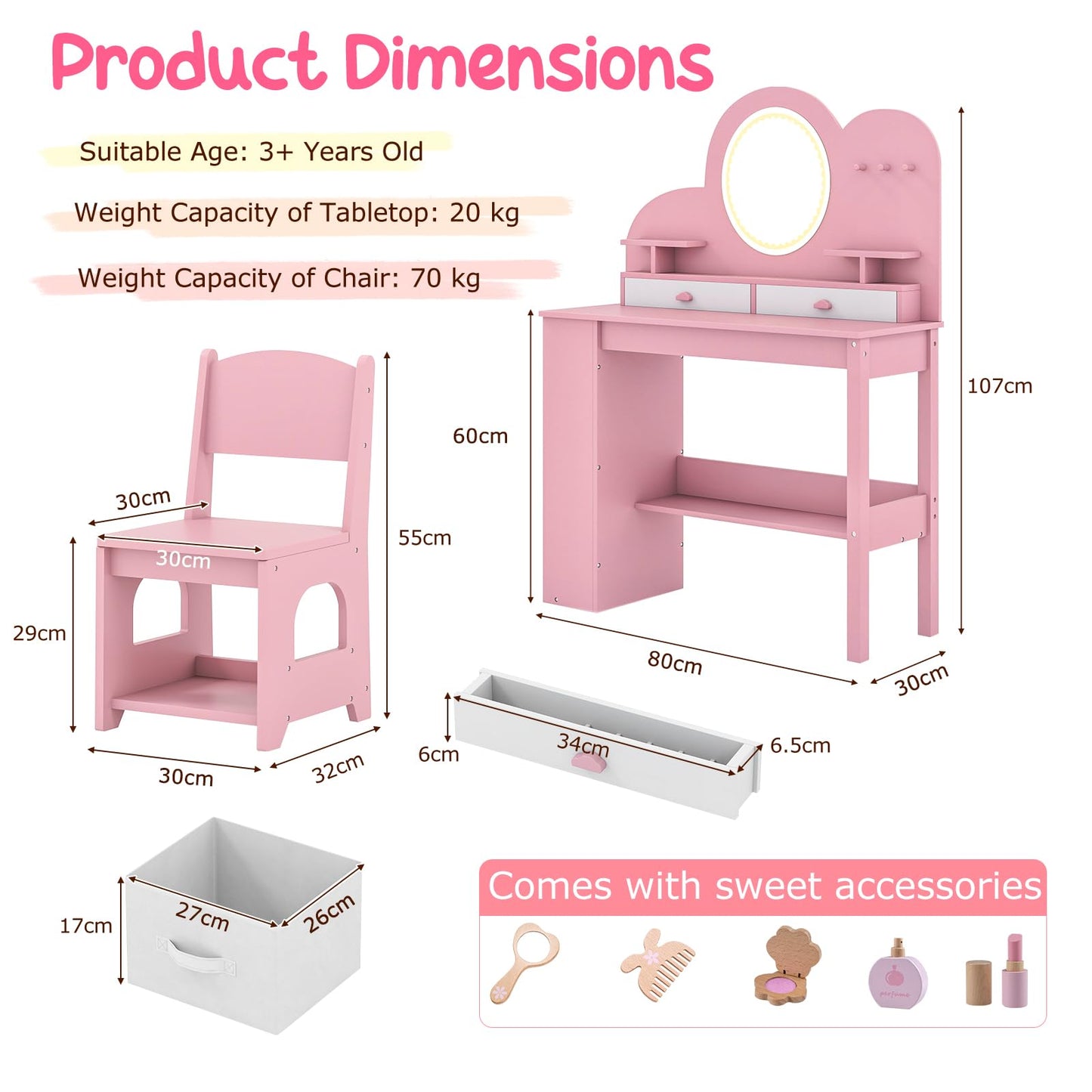 Kids Vanity with Lights Princess Vanity Table and Chair Set with 2 Drawers