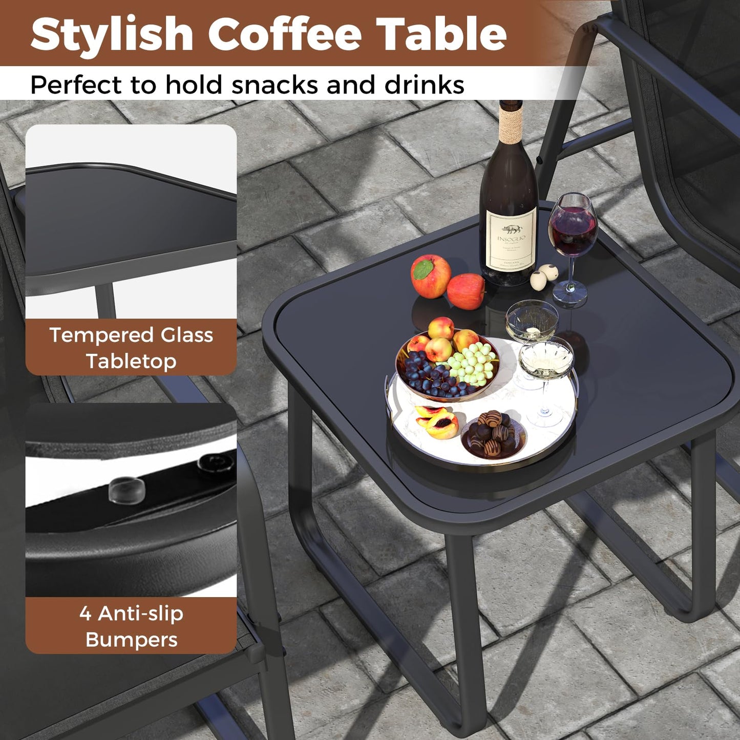 3-Piece Patio Bistro Set with Tempered Glass Table
