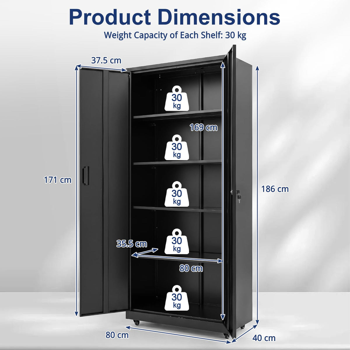 186cm Rolling File Cabinet with Adjustable Shelves and 4 Lockable Wheels for Office