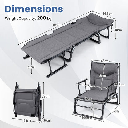 3-in-1 Folding Camping Cot Convertible Heavy Duty Metal with Adjustable Backrest