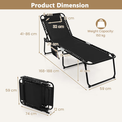 4-Level Adjustable Garden Reclining Chaise Lounge Chair Sunbed with Pillow & Side Pocket