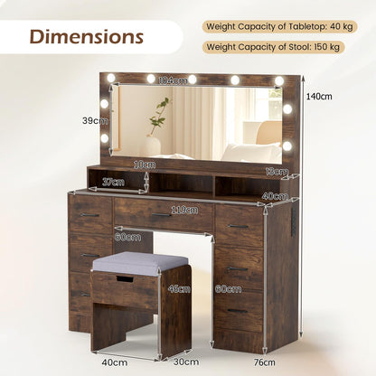 Dressing Table with Large Mirror and Cushioned Storage Stool