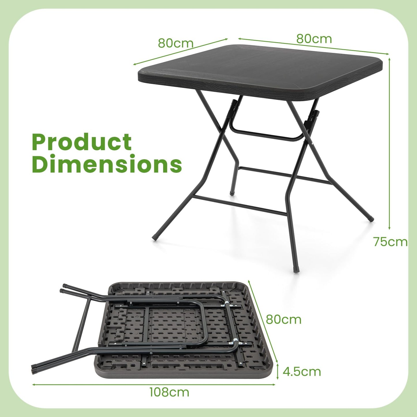 80 x 80 x 75cm Outdoor Portable Square Camping Trestle Table with HDPE Top