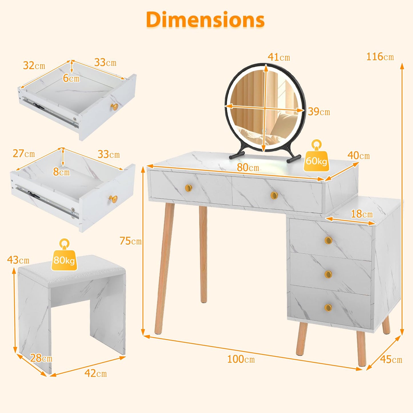 Vanity Desk Makeup Vanity Set with Removable Mirror