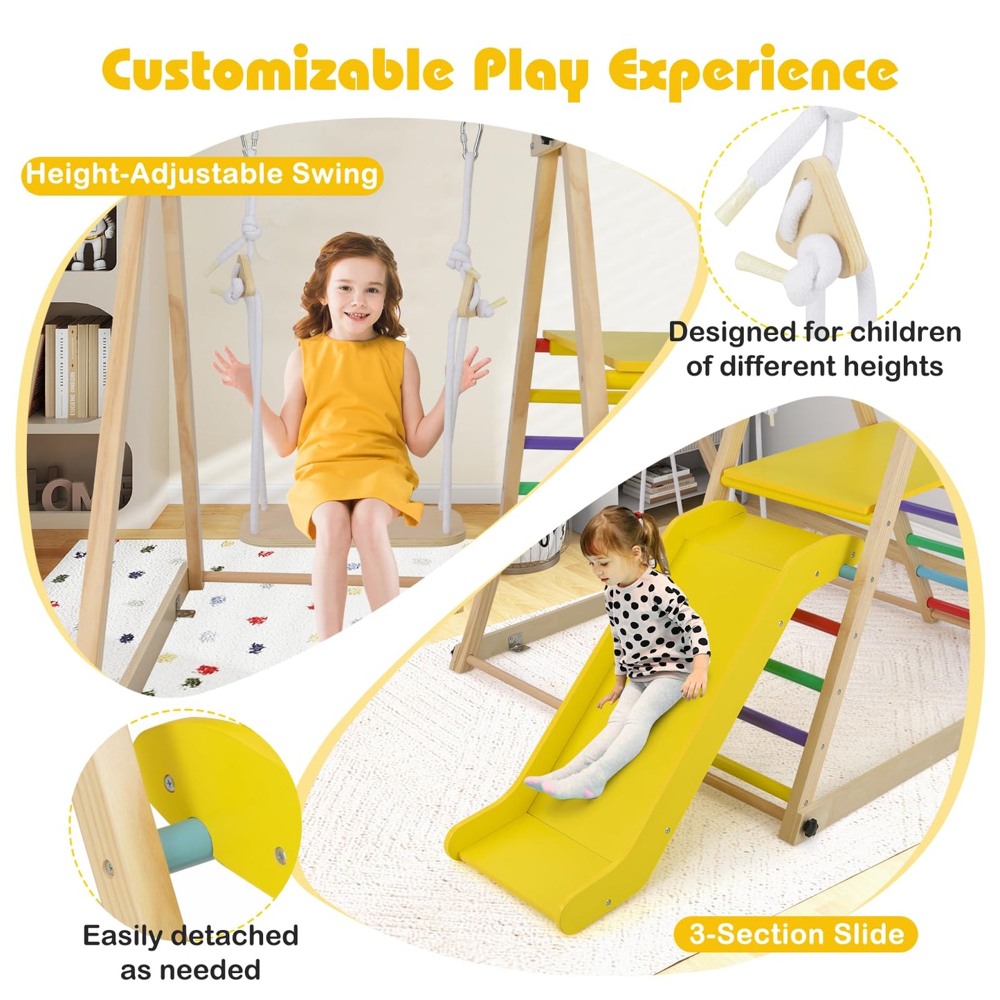 3-in-1 Foldable Indoor Jungle Gym Wooden Climbing Toys with Swing