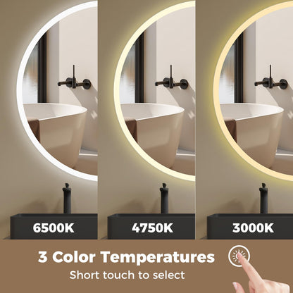 600mm/700mm Round Bathroom Mirror with LED Lights, Illuminated Backlit Wall Mounted Vanity Mirror with 3 Colors