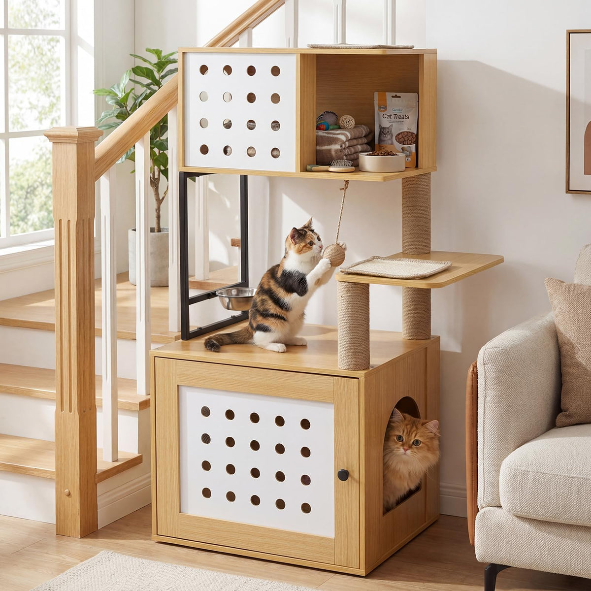 117.5 cm Modern Cat Tower Cabinet with Sisal Scratching Posts and Hanging Ball