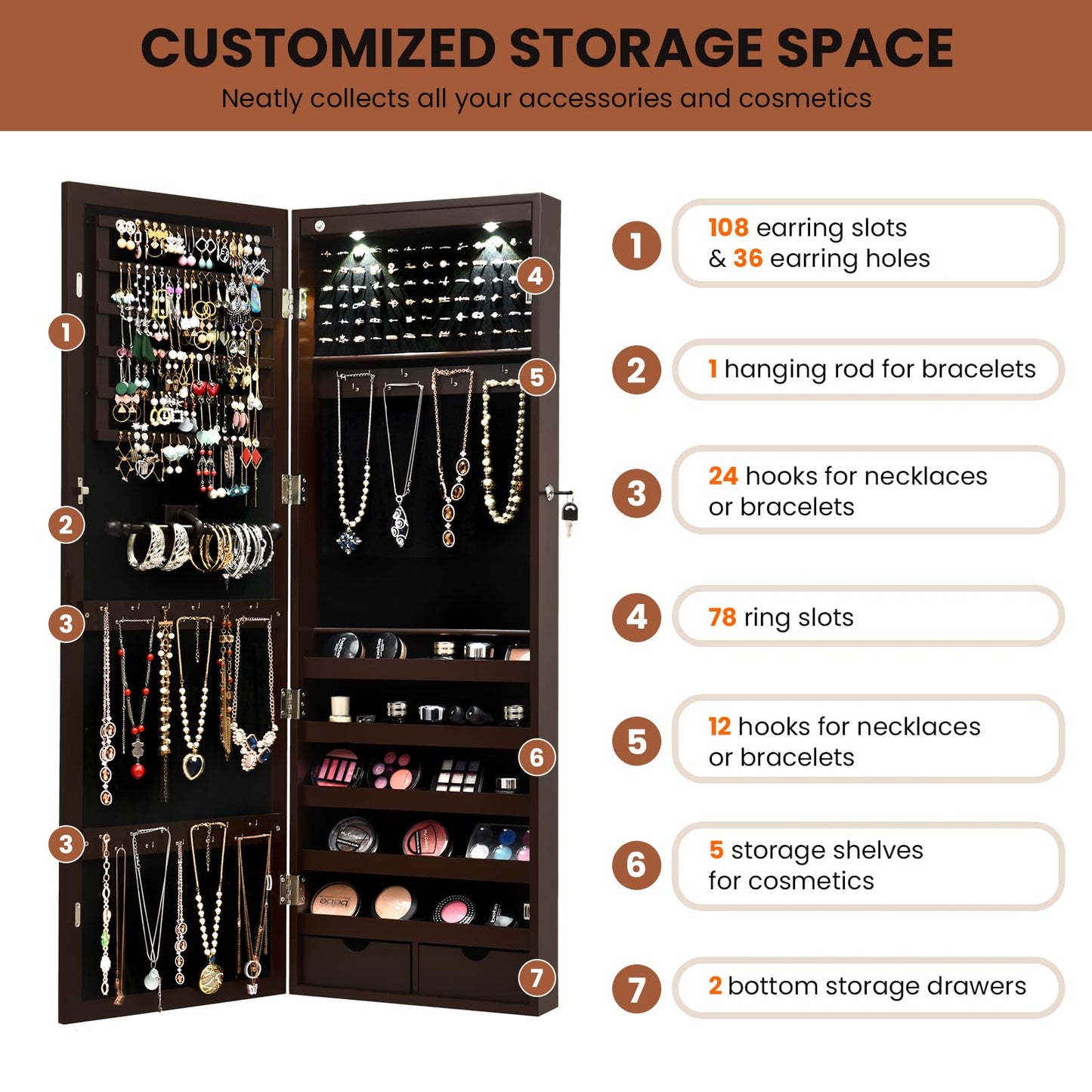 Lockable Jewelry Cabinet with Full Length Mirror and LED Lights