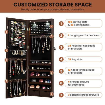Lockable Jewelry Cabinet with Full Length Mirror and LED Lights