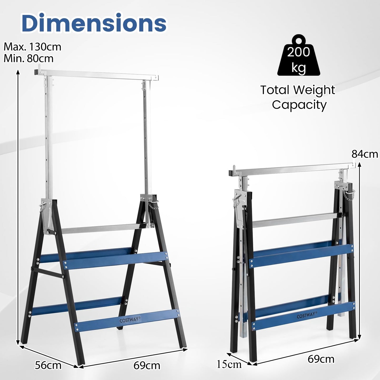 Set of 2 Adjustable Builders Trestle with Top Limit Clip (Blue) | 200kg Capacity Telescopic Saw Horse