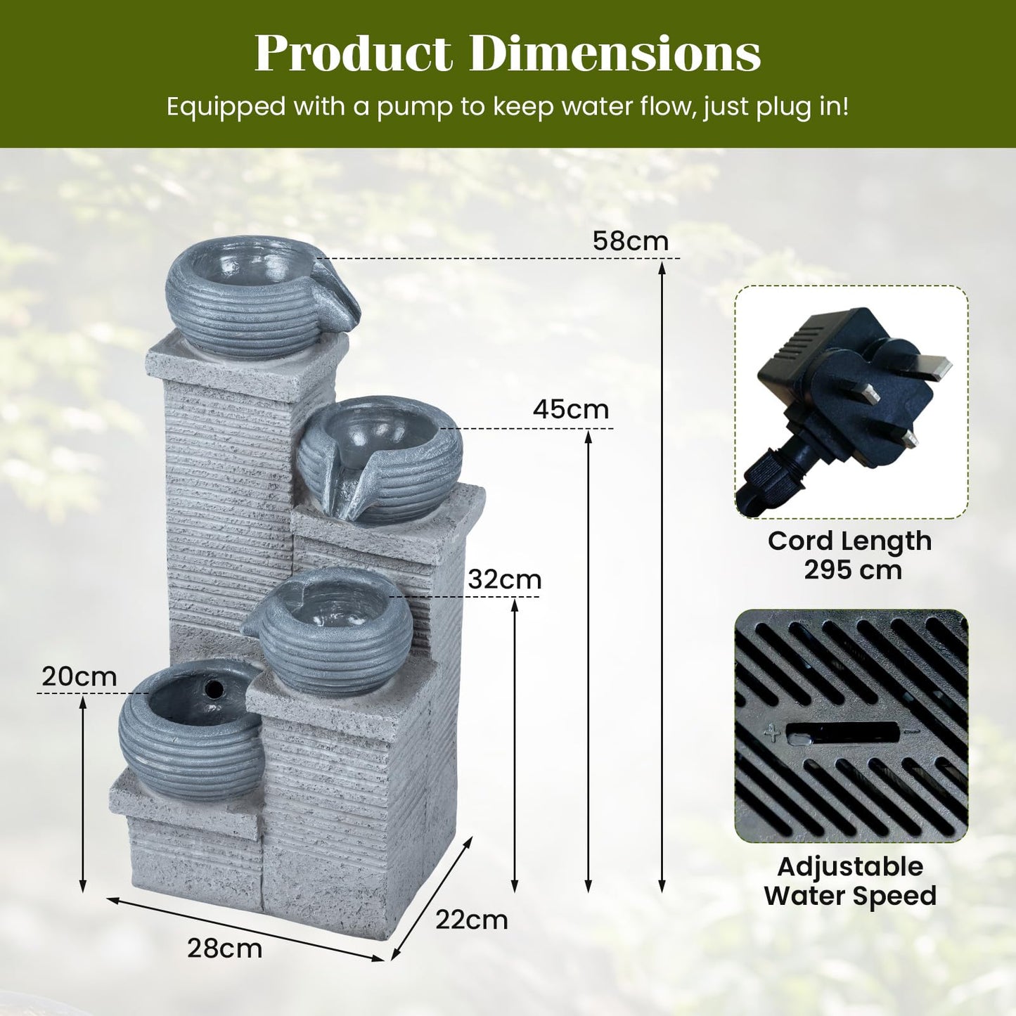 4-Tier Outdoor Water Fountain, Cascading Waterfall Fountain with 3 LED Lights