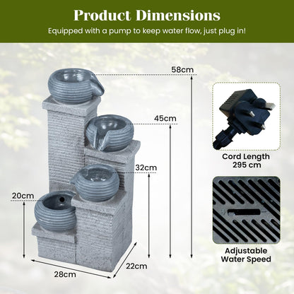 4-Tier Outdoor Water Fountain, Cascading Waterfall Fountain with 3 LED Lights