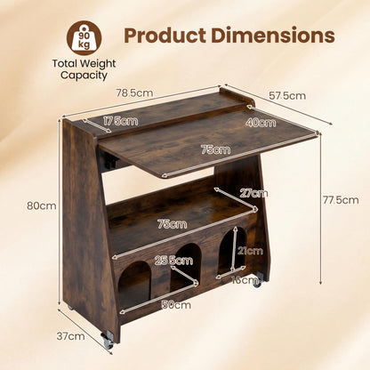 Folding Desk on Wheels, Convertible Drop Leaf Writing Desk