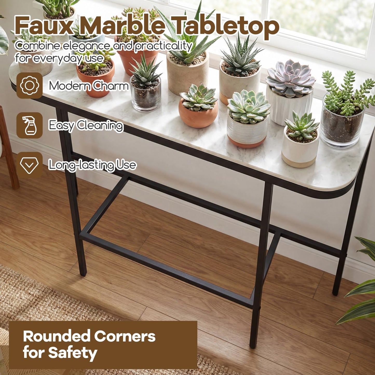 Entryway Table with Faux Marble Top and Metal Frame for Hallway