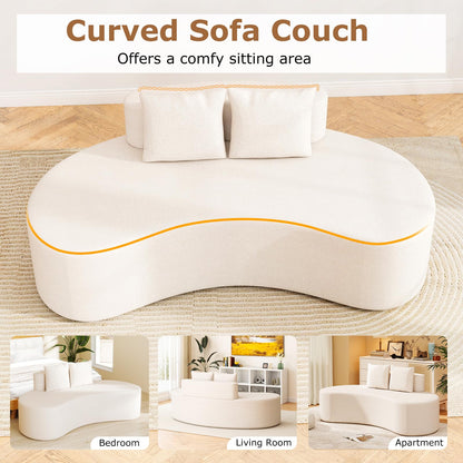 Upholstered Curved Sofa with 2 Cozy Pillows and Low Backrest