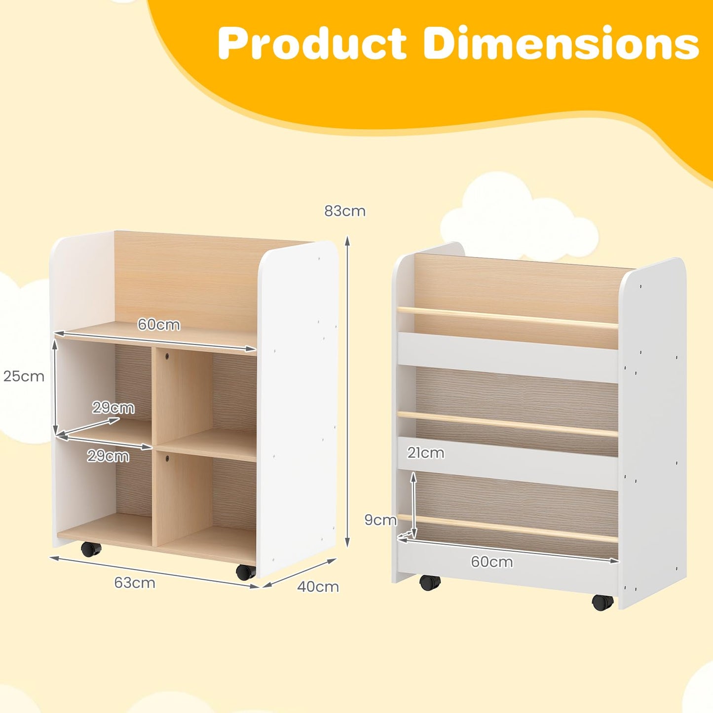3-Tier Bookshelf for Kids with Wheels Double-sided Book Display