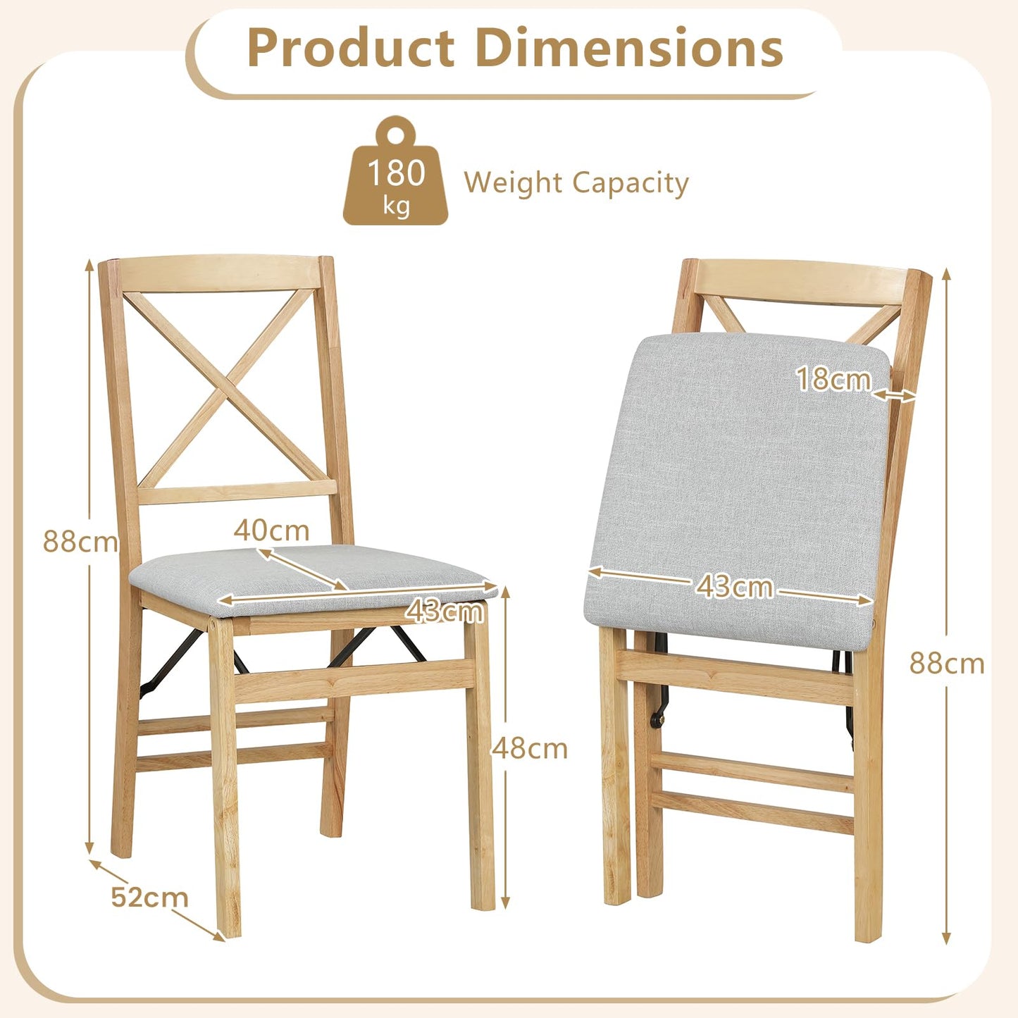 Padded Folding Chair Set of 2/4, Rubber Wood Counter Dining Chairs with Backrest