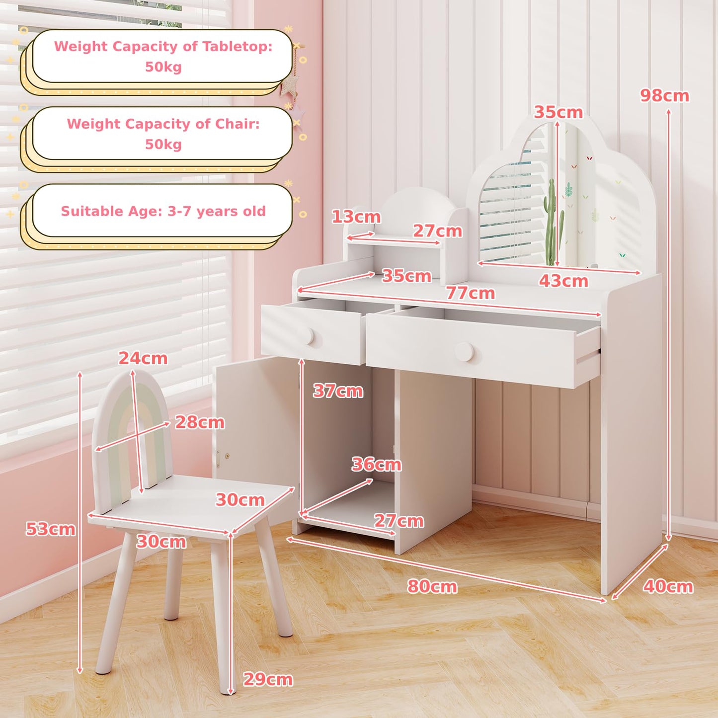 Kids Vanity Table and Chair Set with Cloud-shaped Mirror and Shelf Drawers