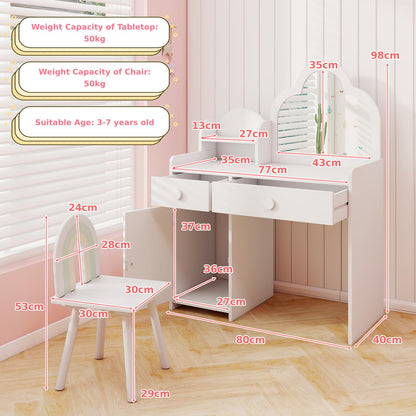 Kids Vanity Table and Chair Set with Cloud-shaped Mirror and Shelf Drawers