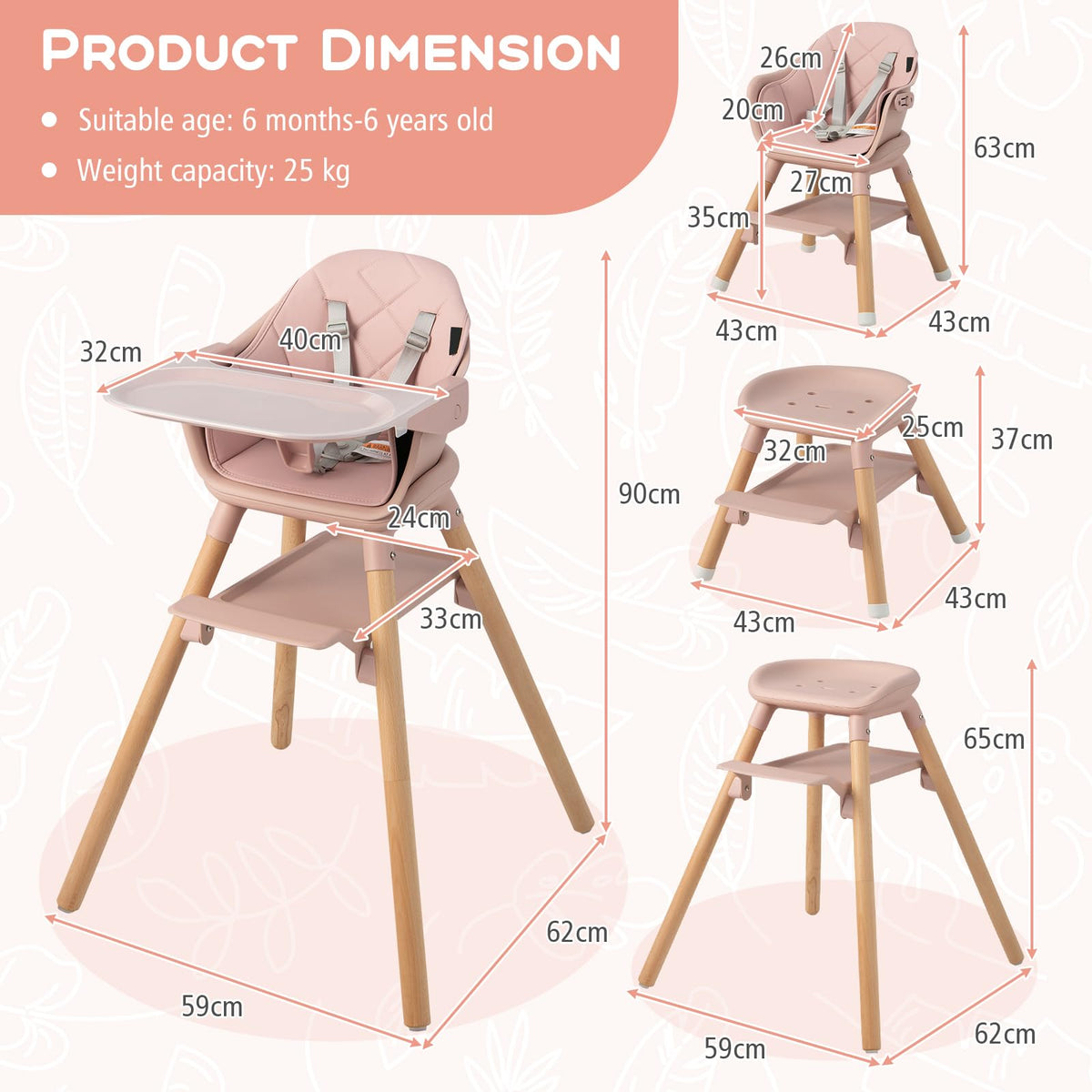3 in 1 High Chairs for Babies and Toddlers with Foot Rest and Removable Double Tray