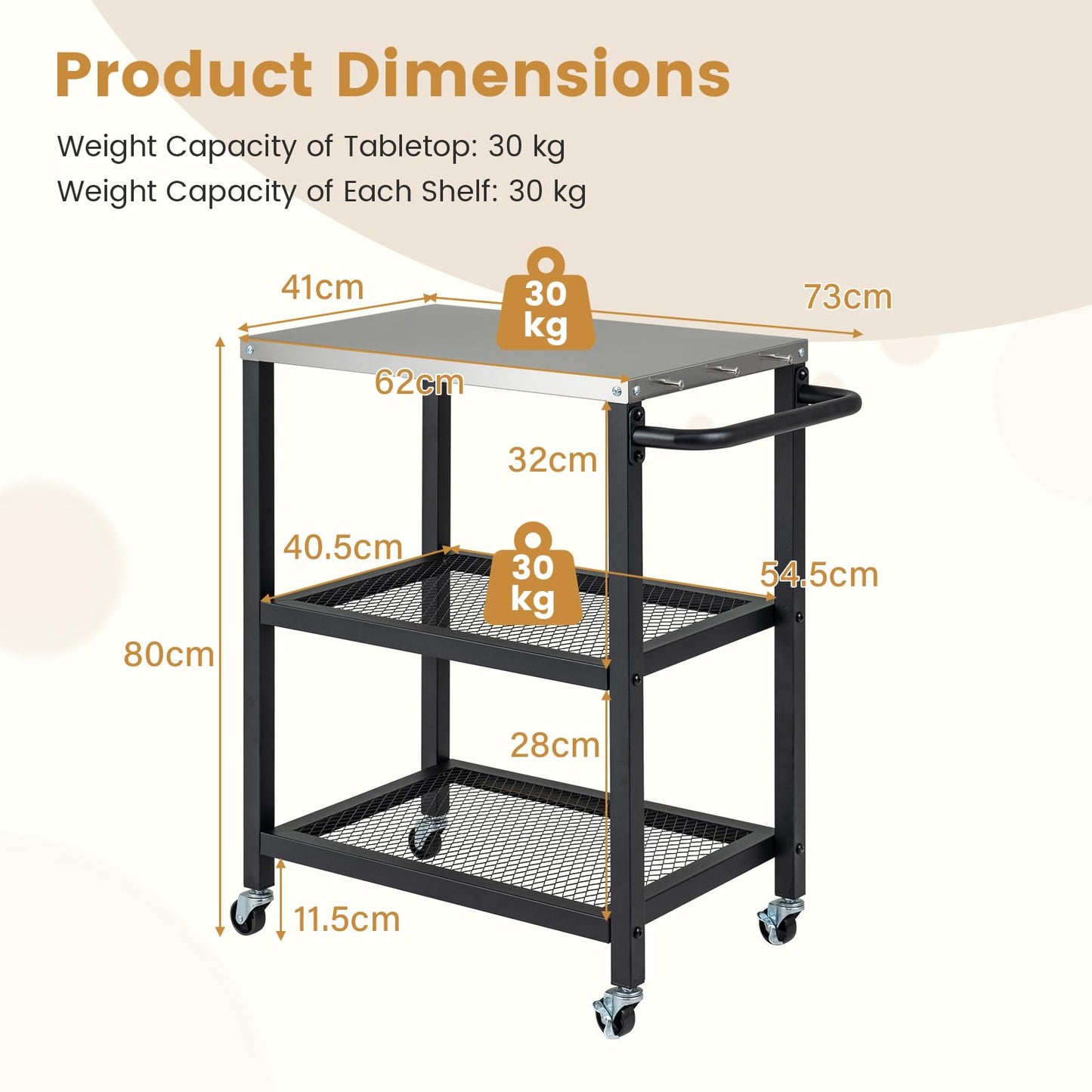Outdoor Grill Cart on Wheels, Pizza Oven Stand Serving Trolley with Stainless Steel Top, Handle and Hooks